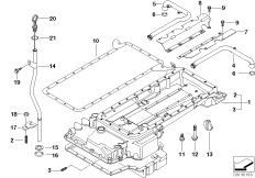 Oil pan upper part, oil level indicator