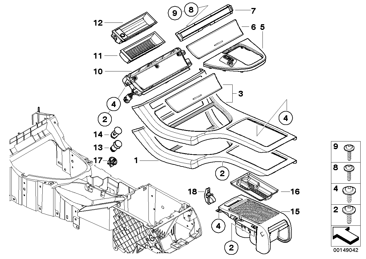 Mounted parts for centre console