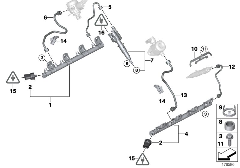 High-pressure rail/injector/line