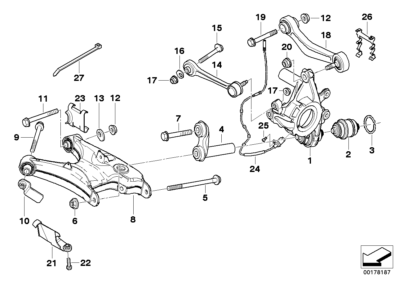 Rear axle support/wheel suspension