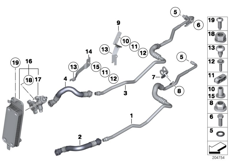 Heat exch./transmission oil cooler line