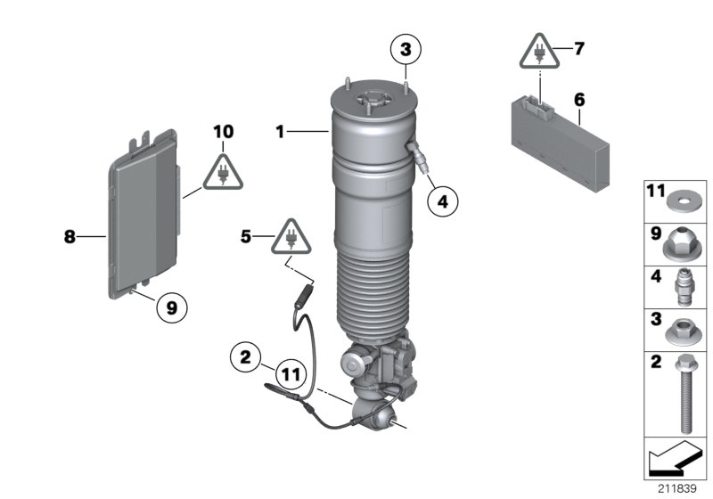 Air spring strut, rear/control units