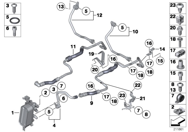 Heat exch./transmission oil cooler line