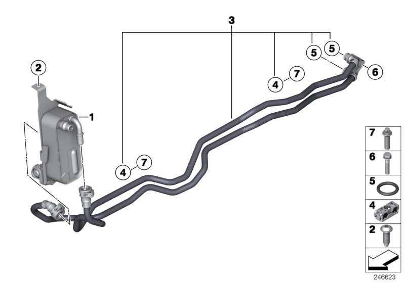 Heat exch./transmission oil cooler line