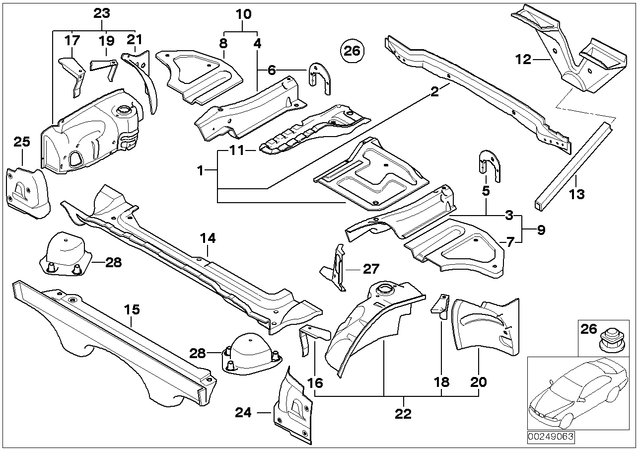 Floor panel trunk/wheel housing rear