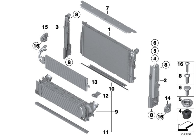 Cooling system radiator/mounting parts