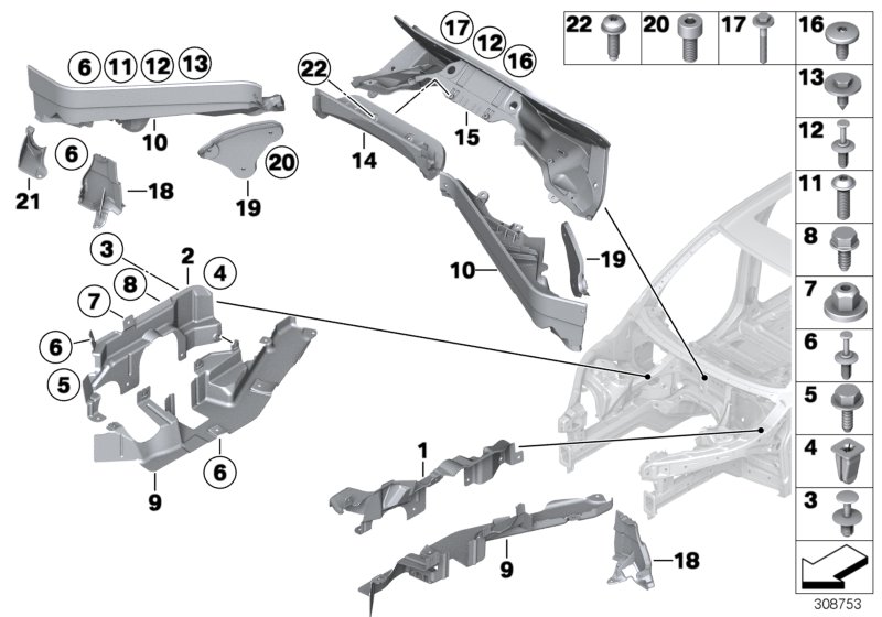 Mounting parts, engine compartment