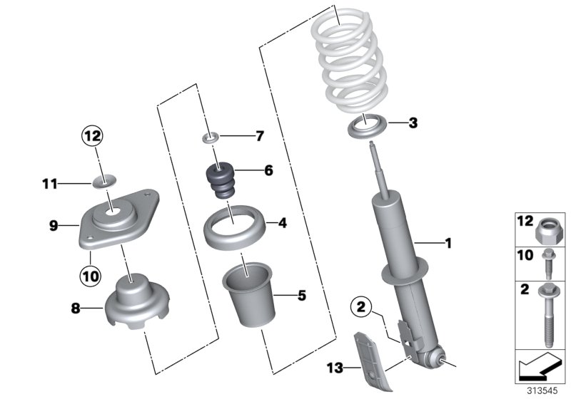 Single components for rear spring strut