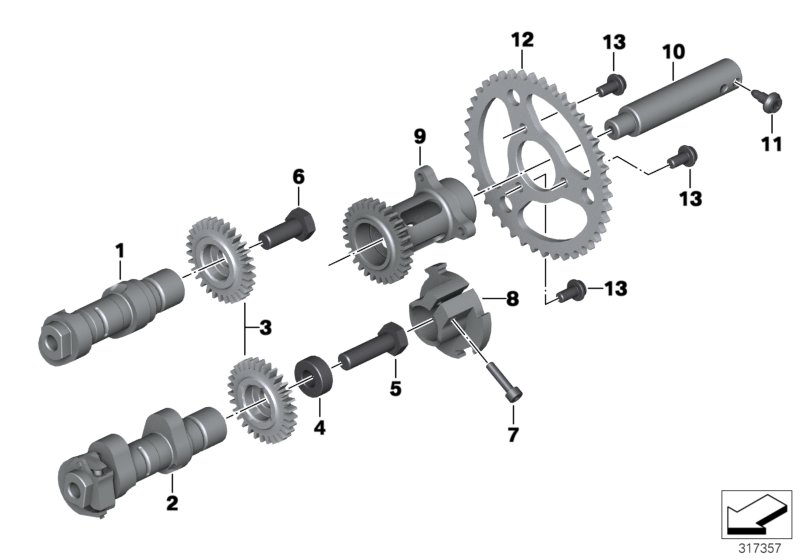 Camshaft, sprocket, intermediate shaft