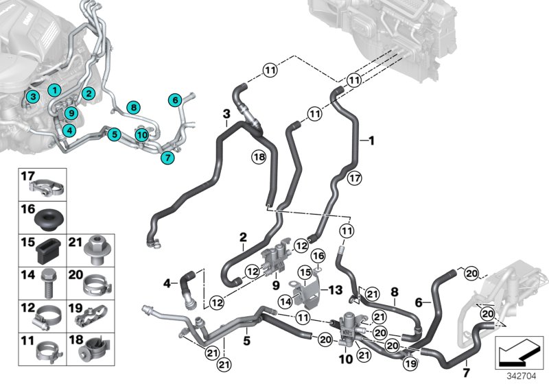 Coolant hoses, auxiliary heater