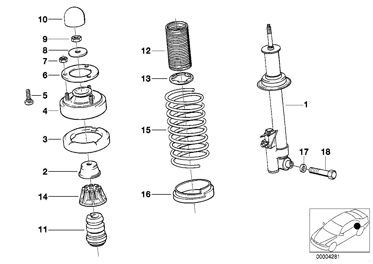 Rear spring strut, levelling device