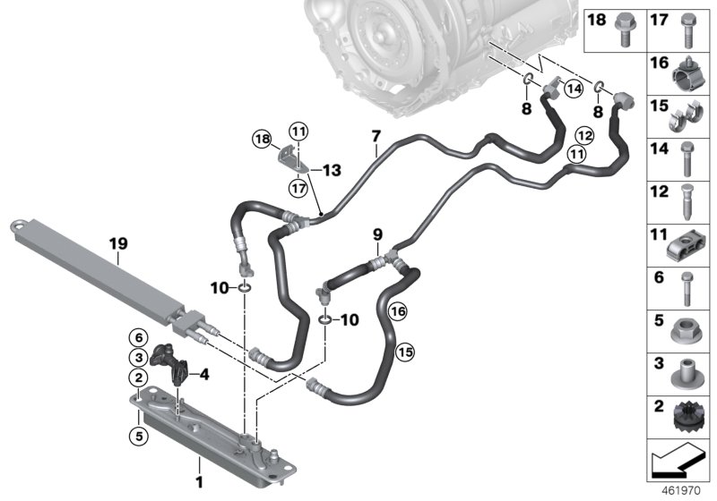 Heat exch./transmission oil cooler line