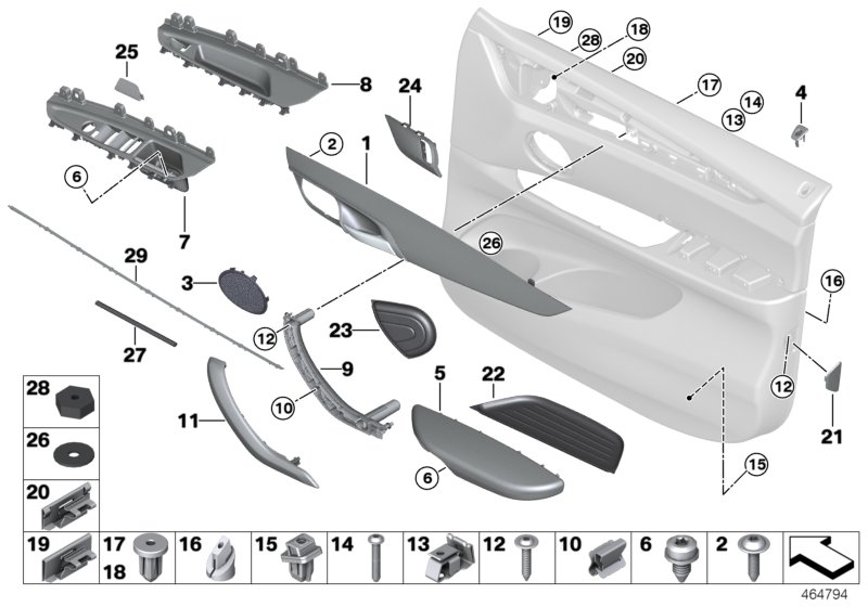 Mounting parts, door trim panel, front