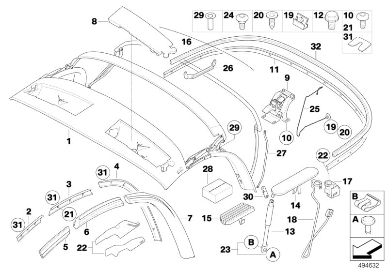 Folding top mounting parts