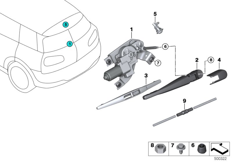 Single parts for rear window wiper