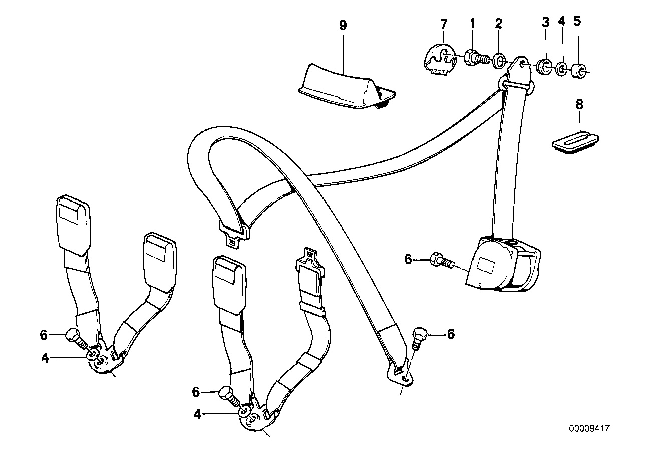 Rear safety belt mounting parts