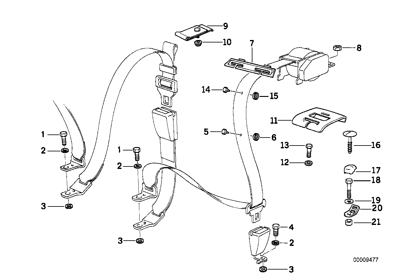 Rear safety belt mounting parts