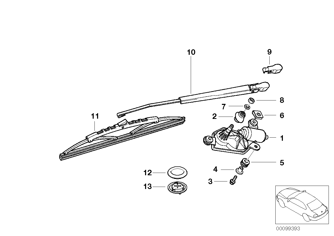 Single parts for rear window wiper